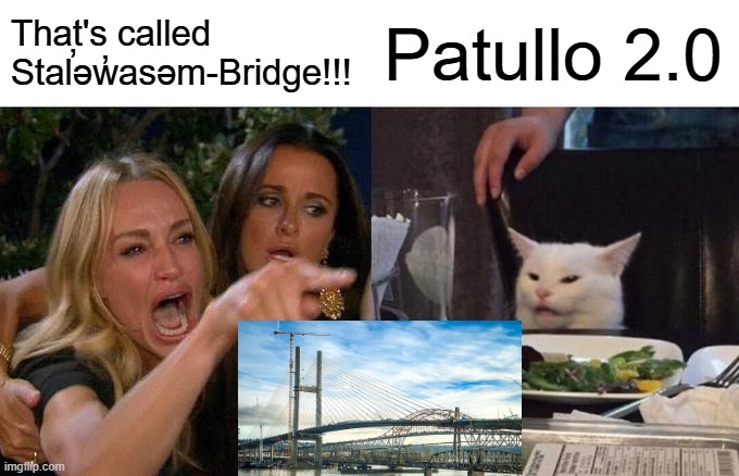 It's still the Pattullo Bridge to me, deal with it | That's called Stal̕əw̓asəm-Bridge!!! Patullo 2.0 | image tagged in memes,woman yelling at cat | made w/ Imgflip meme maker