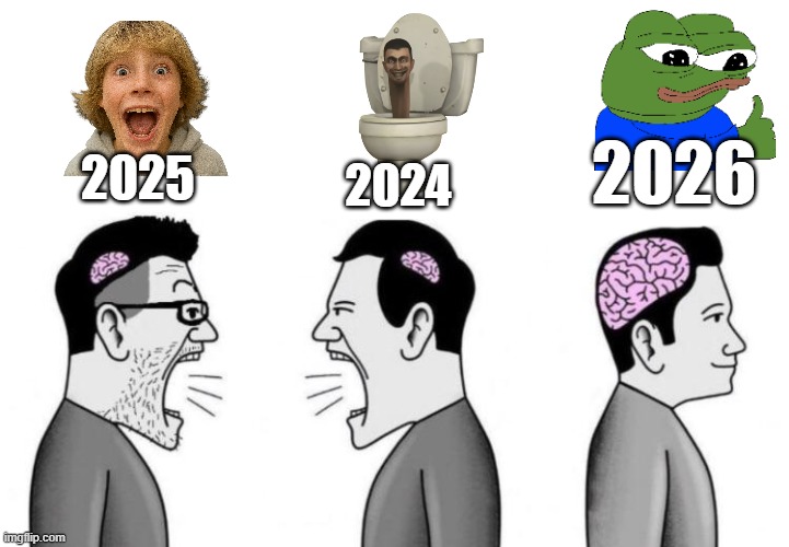 Two small brain men screaming at each other while big brain man | 2026; 2025; 2024 | image tagged in two small brain men screaming at each other while big brain man | made w/ Imgflip meme maker