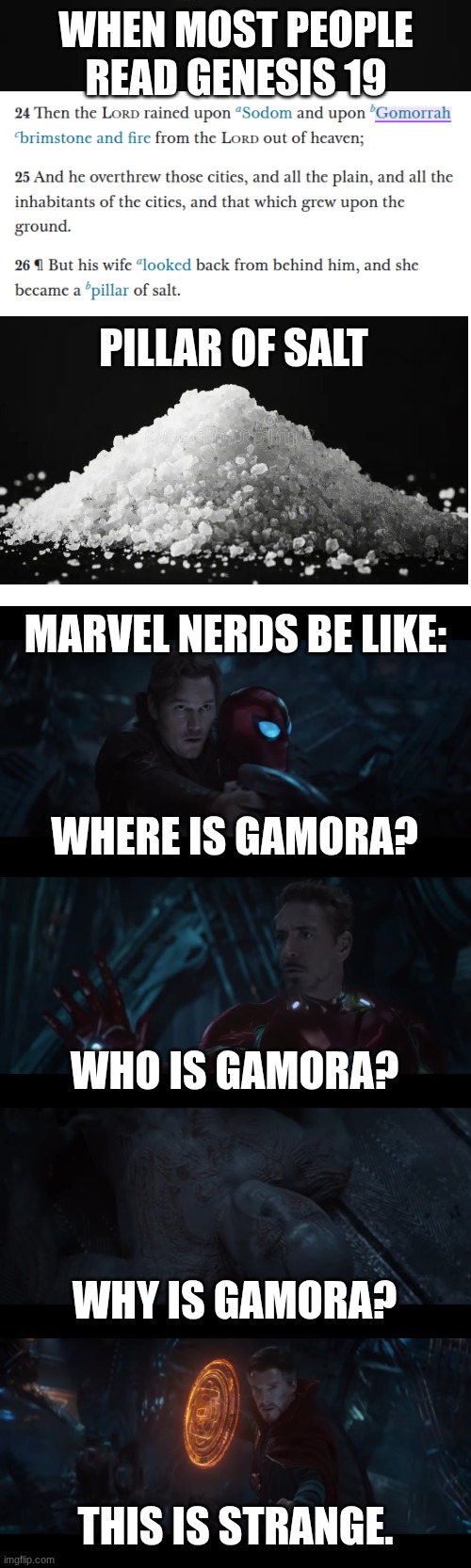 Why Gommorah? | WHEN MOST PEOPLE
READ GENESIS 19; PILLAR OF SALT; MARVEL NERDS BE LIKE:; WHERE IS GAMORA? WHO IS GAMORA? WHY IS GAMORA? THIS IS STRANGE. | image tagged in marvel,genesis,bible | made w/ Imgflip meme maker