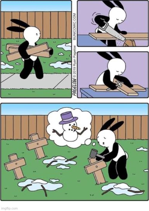 Buni Comics | image tagged in comics,buni comics,snowmen,melted,crosses,memorials | made w/ Imgflip meme maker