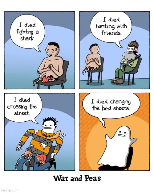 War and Peas | image tagged in comics,war and peas,horrible,deaths,bed,sheets | made w/ Imgflip meme maker