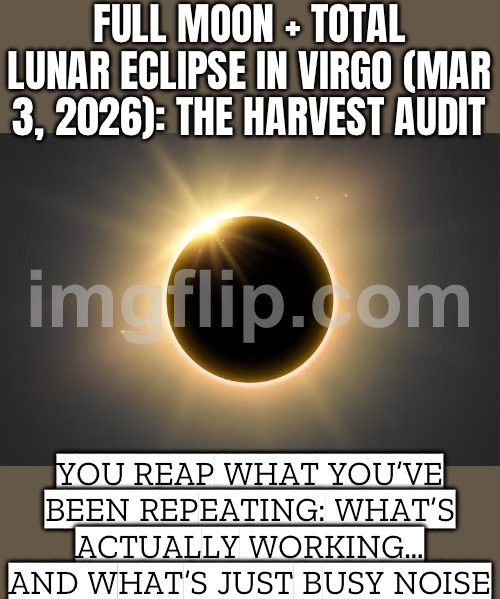 YOU REAP WHAT YOU’VE BEEN REPEATING | FULL MOON + TOTAL LUNAR ECLIPSE IN VIRGO (MAR 3, 2026): THE HARVEST AUDIT; YOU REAP WHAT YOU’VE BEEN REPEATING: WHAT’S ACTUALLY WORKING… AND WHAT’S JUST BUSY NOISE | image tagged in eclipse,repeat,astrology,2026,march,march madness | made w/ Imgflip meme maker