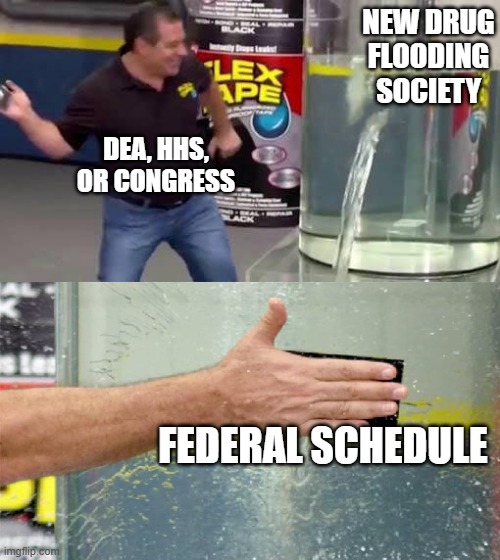 Scheduled Drugs | NEW DRUG
FLOODING
SOCIETY; DEA, HHS,
OR CONGRESS; FEDERAL SCHEDULE | image tagged in flex tape,forensic chem,drugs | made w/ Imgflip meme maker