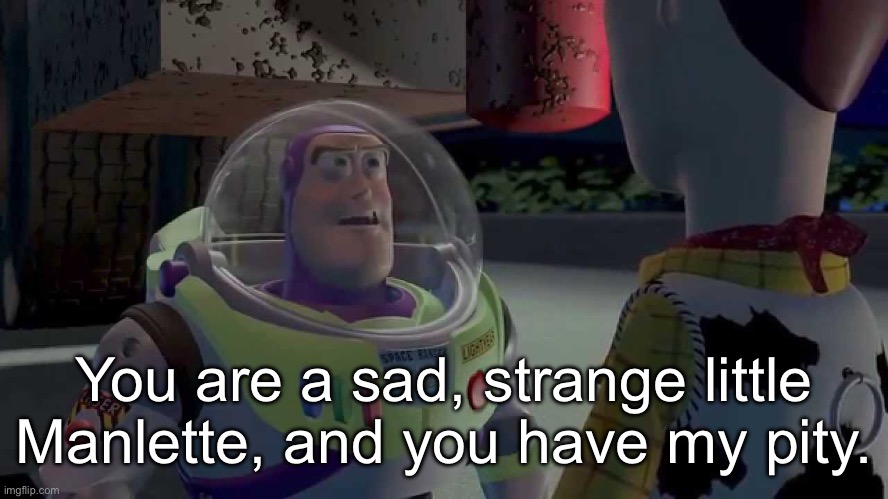 Manlette | You are a sad, strange little Manlette, and you have my pity. | image tagged in you are a sad strange little man,mankette,strange,sad | made w/ Imgflip meme maker