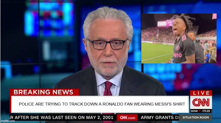 Never do that again, Speed. | POLICE ARE TRYING TO TRACK DOWN A RONALDO FAN WEARING MESSI'S SHIRT | image tagged in cnn wolf of fake news fanfiction | made w/ Imgflip meme maker
