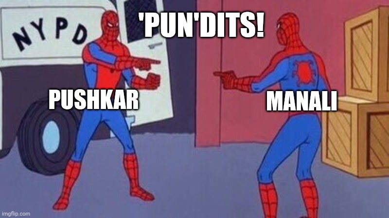 'Pun'dits | 'PUN'DITS! PUSHKAR; MANALI | image tagged in spiderman pointing at spiderman | made w/ Imgflip meme maker