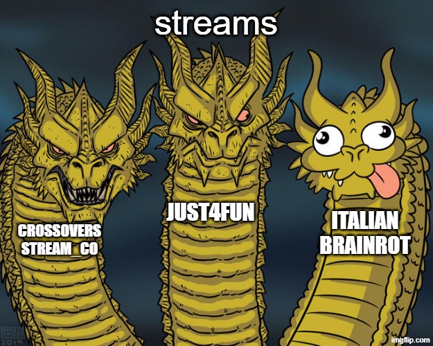 i get this | streams; JUST4FUN; ITALIAN BRAINROT; CROSSOVERS STREAM_CO | image tagged in three-headed dragon | made w/ Imgflip meme maker