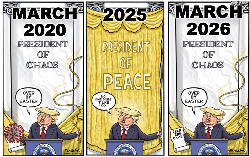 He's giving up facts for Lent -- again | MARCH
2026; 2025; MARCH
2020 | image tagged in trump,lies,idiocracy,war,disaster | made w/ Imgflip meme maker