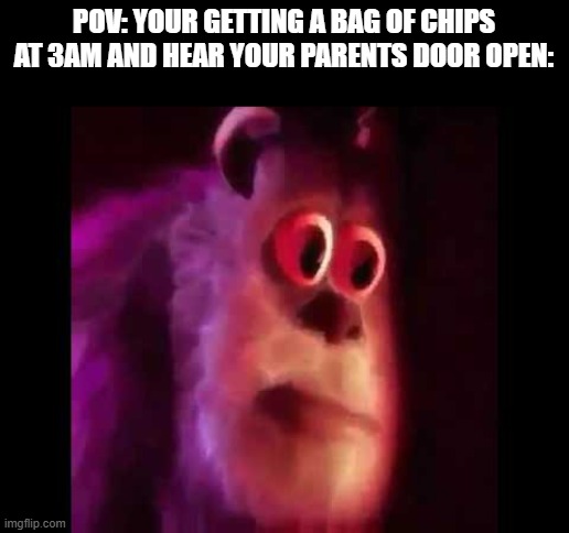 Sully Groan | POV: YOUR GETTING A BAG OF CHIPS AT 3AM AND HEAR YOUR PARENTS DOOR OPEN: | image tagged in sully groan | made w/ Imgflip meme maker