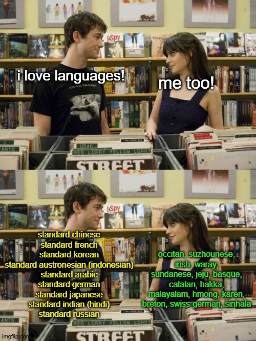 500 days of summer | i love languages! me too! standard chinese
standard french
standard korean
standard austronesian (indonesian)
standard arabic
standard german
standard japanese
standard indian (hindi)
standard russian; occitan, suzhounese, irish, waray, sundanese, jeju, basque, catalan, hakka, malayalam, hmong, karen, breton, swiss-german, sinhala | image tagged in 500 days of summer | made w/ Imgflip meme maker