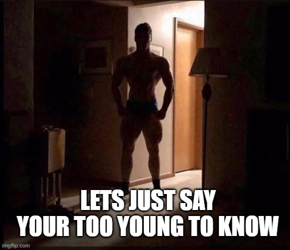 shadowy buff guy in a doorway | LETS JUST SAY YOUR TOO YOUNG TO KNOW | image tagged in shadowy buff guy in a doorway | made w/ Imgflip meme maker