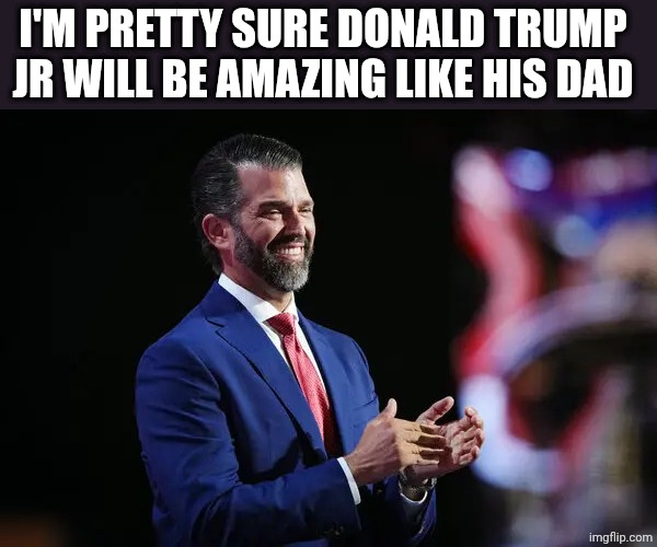 DONALD TRUMP JR. | I'M PRETTY SURE DONALD TRUMP JR WILL BE AMAZING LIKE HIS DAD | image tagged in donald trump jr | made w/ Imgflip meme maker