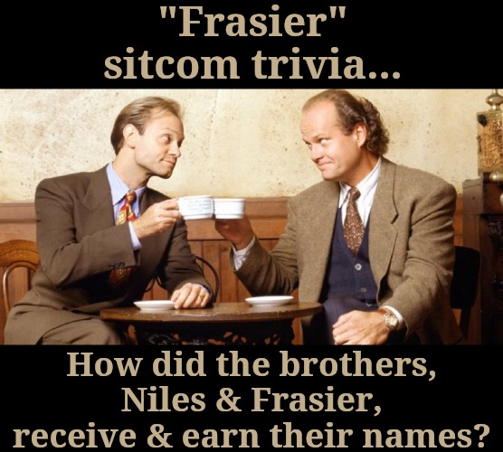 Appropriate sitcom trivia for the stout of heart | "Frasier"
sitcom trivia... How did the brothers,
Niles & Frasier,
receive & earn their names? | image tagged in if only everyone spoke like niles,fraier is very grounding,a meme moment in tonight's episode | made w/ Imgflip meme maker