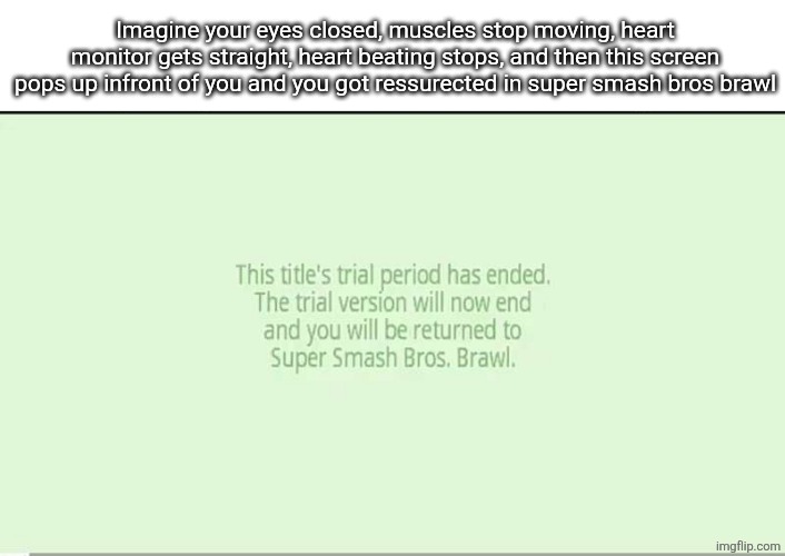 This title's trial period | Imagine your eyes closed, muscles stop moving, heart monitor gets straight, heart beating stops, and then this screen pops up infront of you and you got ressurected in super smash bros brawl | image tagged in this title's trial period | made w/ Imgflip meme maker