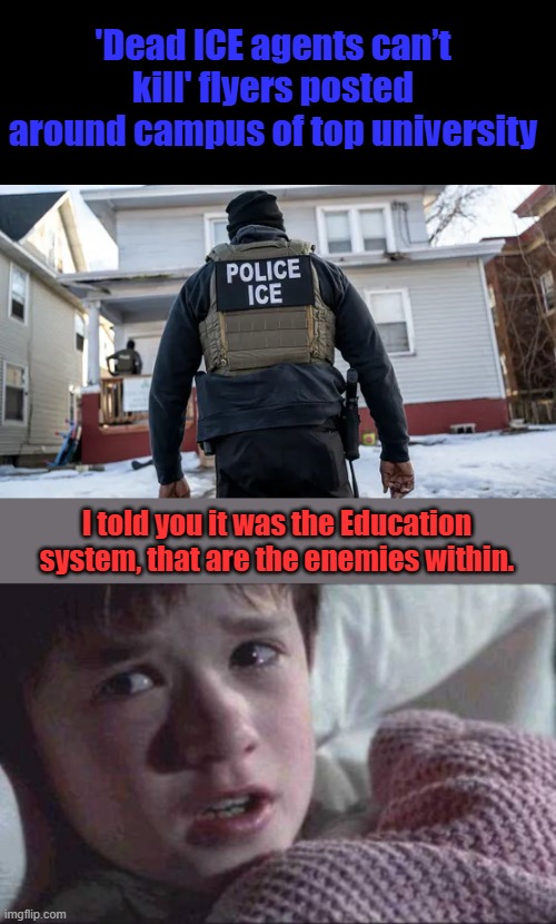 Even a blind man can see it now. | 'Dead ICE agents can’t kill' flyers posted around campus of top university; I told you it was the Education system, that are the enemies within. | image tagged in memes,i see dead people | made w/ Imgflip meme maker