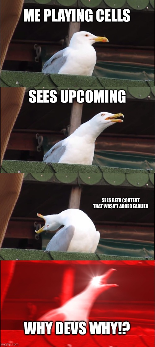 Inhaling Seagull Meme | ME PLAYING CELLS; SEES UPCOMING; SEES BETA CONTENT THAT WASN’T ADDED EARLIER; WHY DEVS WHY!? | image tagged in memes,inhaling seagull | made w/ Imgflip meme maker