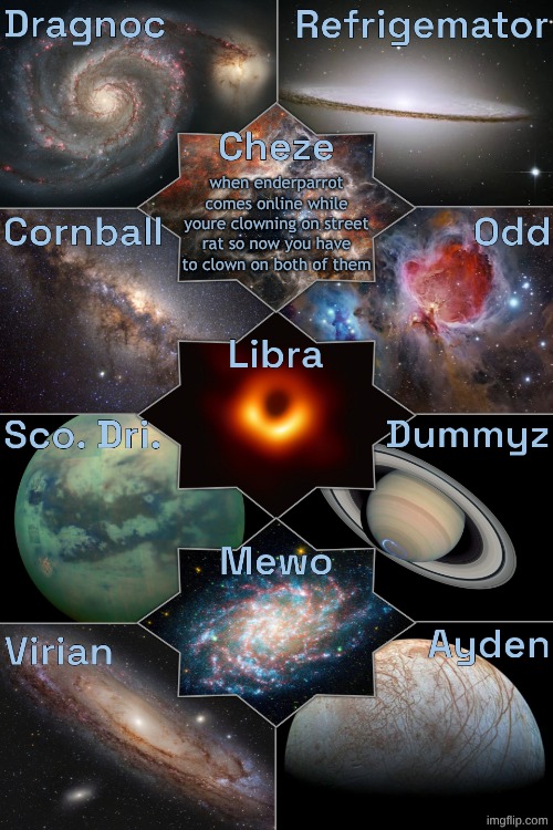 Space Temp | when enderparrot comes online while youre clowning on street rat so now you have to clown on both of them | image tagged in space temp | made w/ Imgflip meme maker