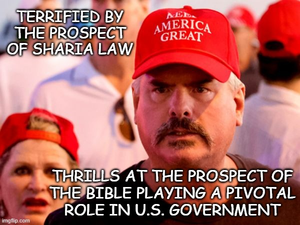 "How to tell when someone hasn't read the Bible." *OR* "Of the Book" *OR* "Islam's source material." *OR* "Punitive amputation, | TERRIFIED BY
THE PROSPECT
OF SHARIA LAW; THRILLS AT THE PROSPECT OF
THE BIBLE PLAYING A PIVOTAL
ROLE IN U.S. GOVERNMENT | image tagged in confused trump supporter,islam,sharia law,leviticus,oops,how about neither | made w/ Imgflip meme maker