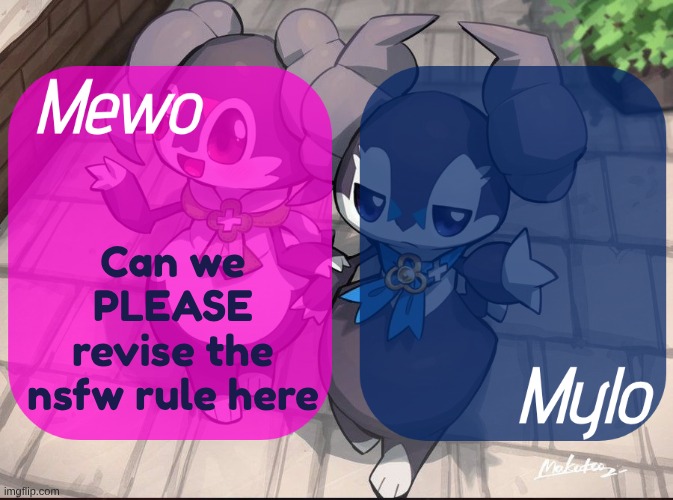 Mewo n Mylo's temp | Can we PLEASE revise the nsfw rule here | image tagged in mewo n mylo's temp | made w/ Imgflip meme maker