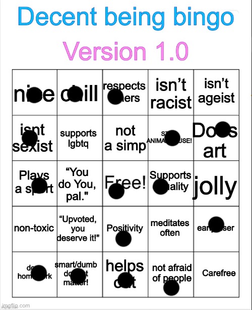 Decent being bingo | image tagged in decent being bingo | made w/ Imgflip meme maker