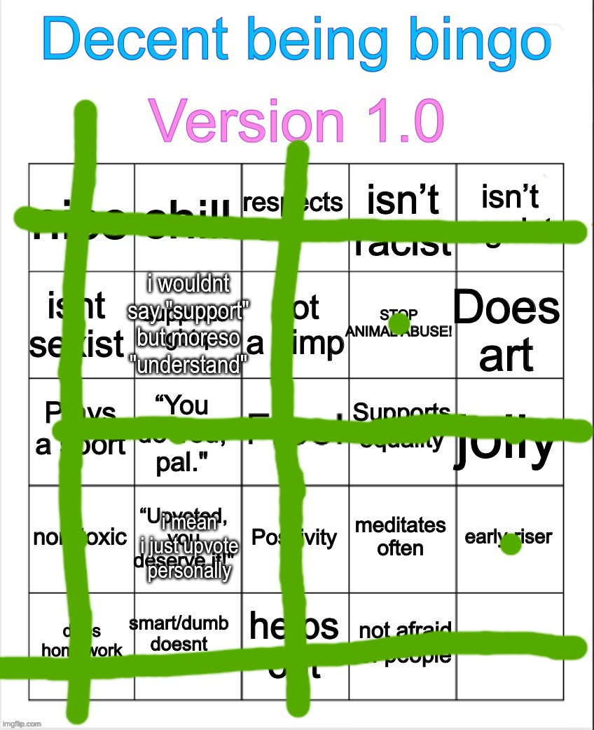 Decent being bingo | i wouldnt say "support" but moreso "understand"; i mean i just upvote personally | image tagged in decent being bingo | made w/ Imgflip meme maker