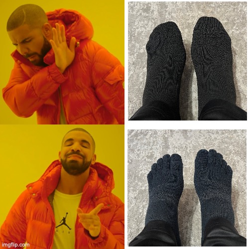 regular socks vs fivefinger socks | image tagged in memes,drake hotline bling,five finger socks,socks | made w/ Imgflip meme maker