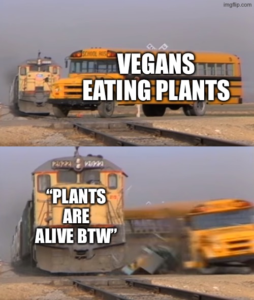 A train hitting a school bus | VEGANS EATING PLANTS; “PLANTS ARE ALIVE BTW” | image tagged in a train hitting a school bus | made w/ Imgflip meme maker