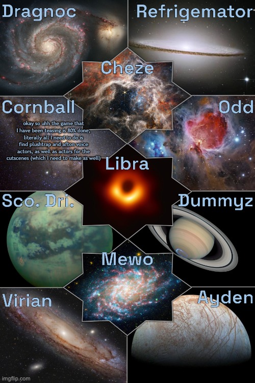 Space Temp | okay so uhh the game that I have been teasing is 80% done, literally all I need to do is find plushtrap and afton voice actors, as well as actors for the cutscenes (which I need to make as well) | image tagged in space temp | made w/ Imgflip meme maker