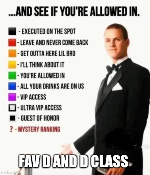 And see if you're allowed in | FAV D AND D CLASS | image tagged in and see if you're allowed in | made w/ Imgflip meme maker