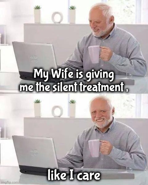 Peace at last | My Wife is giving me the silent treatment , like I care | image tagged in memes,hide the pain harold,married,caught in 4k,a quiet place,man it hurts to be this hip | made w/ Imgflip meme maker