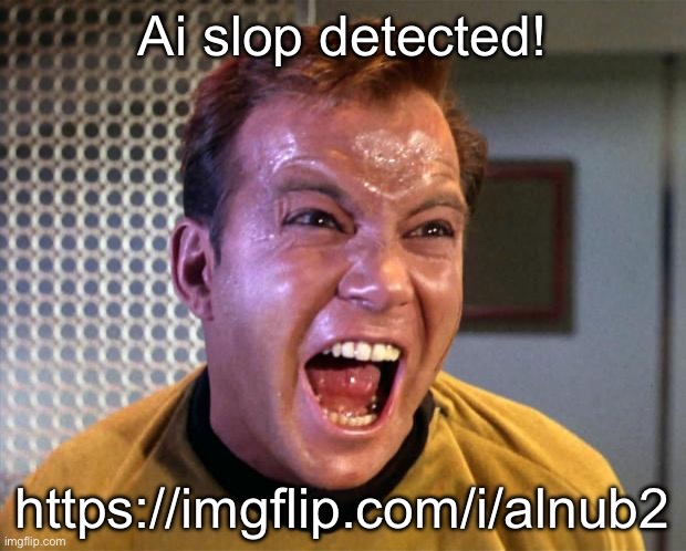 Ai slop | Ai slop detected! https://imgflip.com/i/alnub2 | image tagged in captain kirk screaming | made w/ Imgflip meme maker