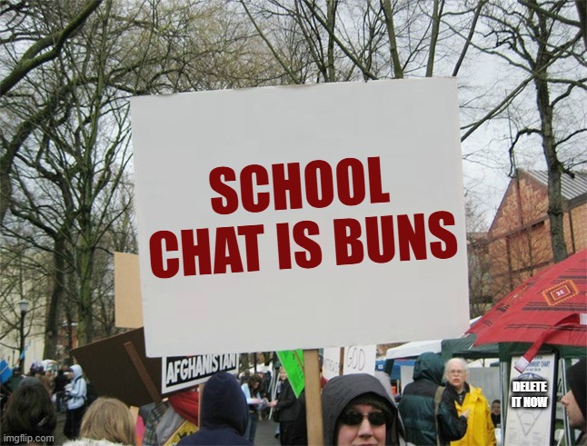 School group chat | SCHOOL CHAT IS BUNS; DELETE IT NOW | image tagged in blank protest sign,funny memes | made w/ Imgflip meme maker