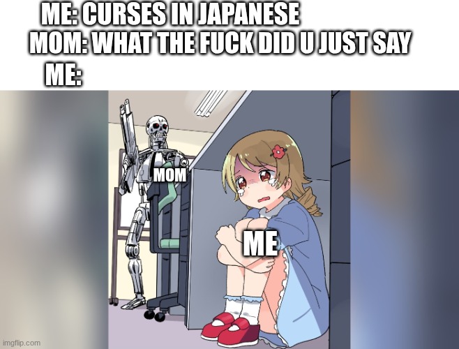 Im crying | ME: CURSES IN JAPANESE; MOM: WHAT THE FUCK DID U JUST SAY; ME:; MOM; ME | image tagged in terminator seeks girl under table meme | made w/ Imgflip meme maker