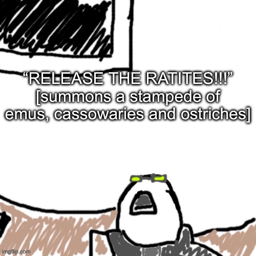 The Aggressive Combatant | “RELEASE THE RATITES!!!”
[summons a stampede of emus, cassowaries and ostriches] | image tagged in the aggressive combatant | made w/ Imgflip meme maker