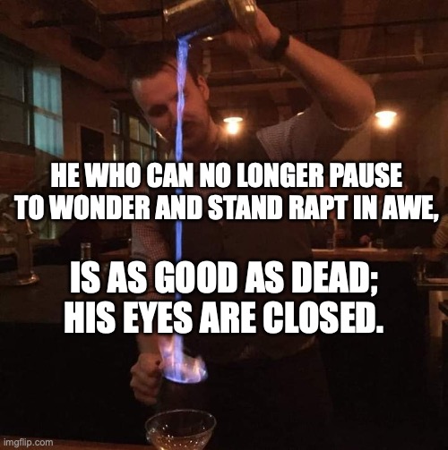 Albert Einstein as a Fancy 19th century Bartender | HE WHO CAN NO LONGER PAUSE TO WONDER AND STAND RAPT IN AWE, IS AS GOOD AS DEAD; HIS EYES ARE CLOSED. | image tagged in fancy mixologist bartender burning sh t,bartender,albert einstein,whiskey,cocktails | made w/ Imgflip meme maker