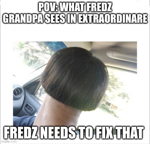 manie | POV: WHAT FREDZ GRANDPA SEES IN EXTRAORDINARE; FREDZ NEEDS TO FIX THAT | image tagged in bowl cut | made w/ Imgflip meme maker