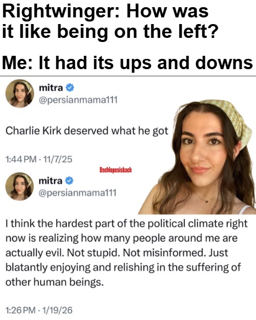 Rightwinger: How was it like being on the left? Me: It had its ups and downs | made w/ Imgflip meme maker