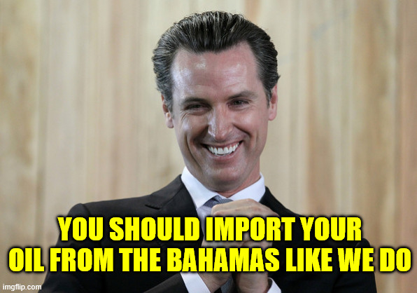 Scheming Gavin Newsom  | YOU SHOULD IMPORT YOUR OIL FROM THE BAHAMAS LIKE WE DO | image tagged in scheming gavin newsom | made w/ Imgflip meme maker