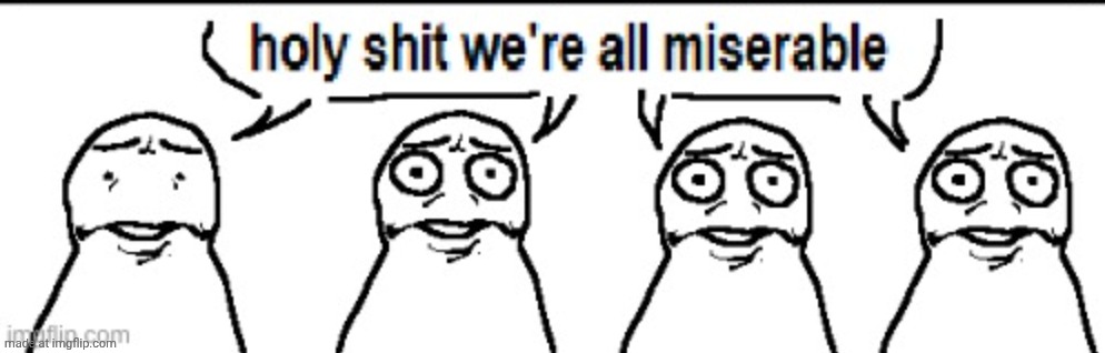 holy shit we're all miserable | image tagged in holy shit we're all miserable | made w/ Imgflip meme maker