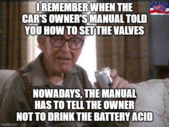 What have we become? | I REMEMBER WHEN THE CAR'S OWNER'S MANUAL TOLD YOU HOW TO SET THE VALVES; NOWADAYS, THE MANUAL HAS TO TELL THE OWNER NOT TO DRINK THE BATTERY ACID | image tagged in grumpy old man | made w/ Imgflip meme maker