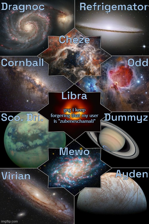 Space Temp | gng i keep forgering that my user is "zubeneschamali" | image tagged in space temp | made w/ Imgflip meme maker