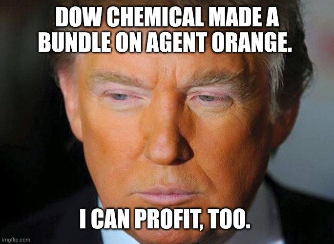 Waging war is part of the Art of the Deal | DOW CHEMICAL MADE A BUNDLE ON AGENT ORANGE. I CAN PROFIT, TOO. | image tagged in orange trump,agent orange,memes,down chemical,war profiteering,war economy | made w/ Imgflip meme maker