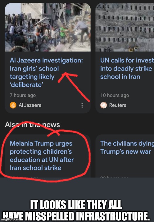 IT LOOKS LIKE THEY ALL HAVE MISSPELLED INFRASTRUCTURE. | made w/ Imgflip meme maker