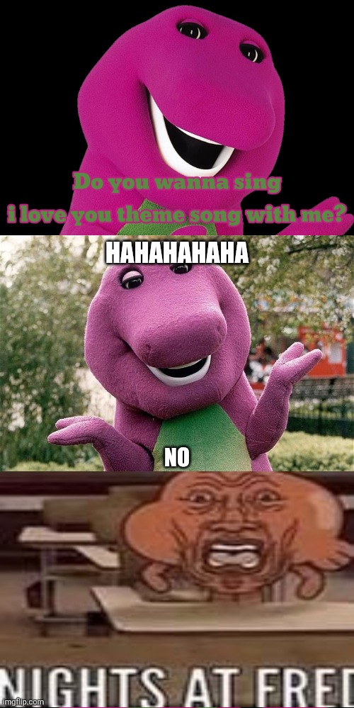 Barney says no to himself | HAHAHAHAHA; NO | image tagged in who says no to barney,childhood ruined,deviantart,scumbob wiki sucks,barney the dinosaur,why are you reading the tags | made w/ Imgflip meme maker