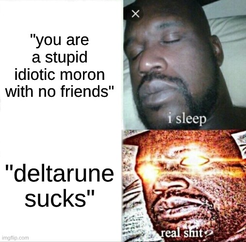 Sleeping Shaq Meme | "you are a stupid idiotic moron with no friends"; "deltarune sucks" | image tagged in memes,sleeping shaq | made w/ Imgflip meme maker