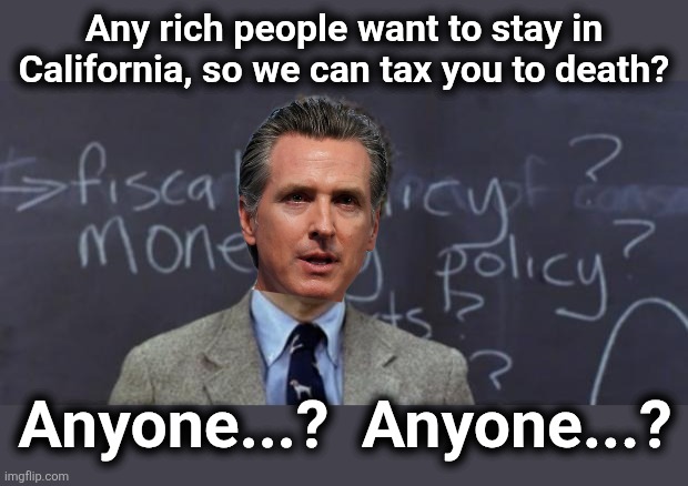 Gavin Newsom: anyone? | Any rich people want to stay in California, so we can tax you to death? Anyone...?  Anyone...? | image tagged in bueller anyone,gavin newsom,california,tax the rich,memes,democrats | made w/ Imgflip meme maker
