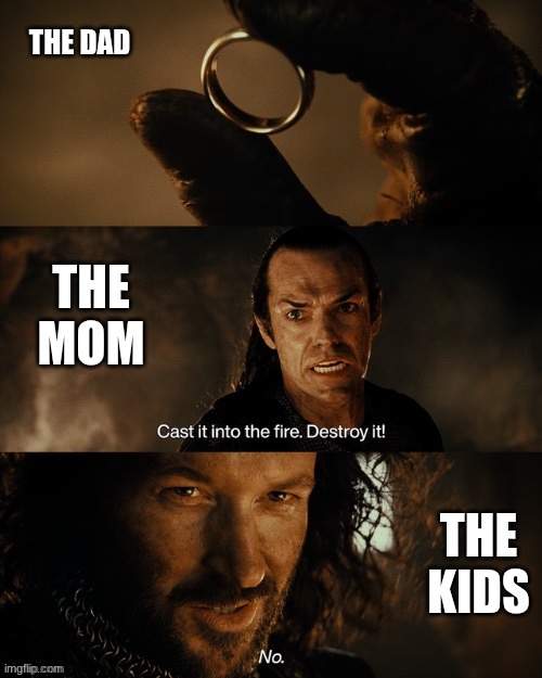 Image Two | THE DAD; THE MOM; THE KIDS | image tagged in cast it into the fire | made w/ Imgflip meme maker