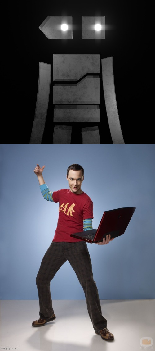 another character with the preferred pose as the bottom image. character is androgynous non-binary | image tagged in sheldon cooper computer | made w/ Imgflip meme maker