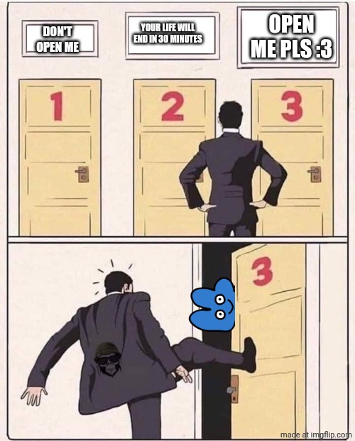 >:3 | OPEN ME PLS :3; YOUR LIFE WILL END IN 30 MINUTES; DON'T OPEN ME | image tagged in kick open door number 3,evil baby | made w/ Imgflip meme maker