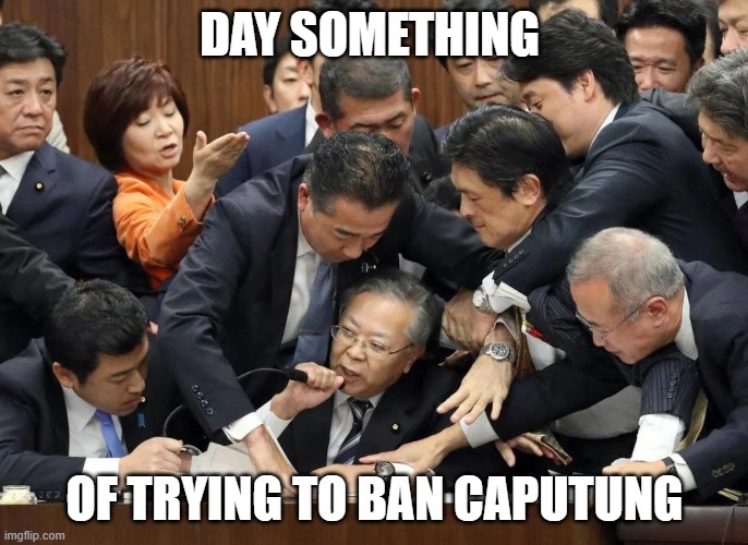 lets expand the people | DAY SOMETHING; OF TRYING TO BAN CAPUTUNG | image tagged in 2015 japanese parliament brawl,where banana | made w/ Imgflip meme maker
